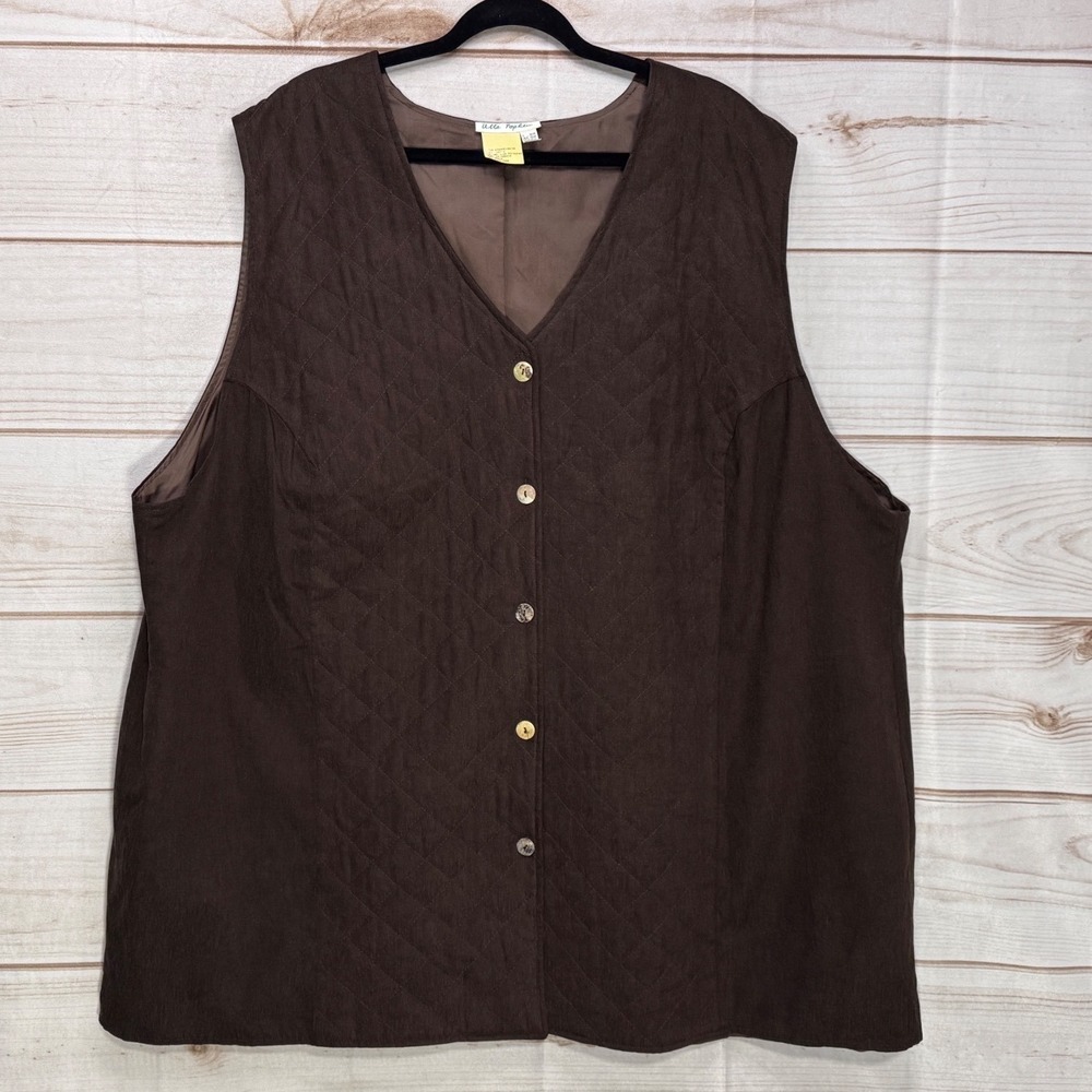 Ulla Popken Quilted Vest Womens 28/30 Brown Excellent V-Neck Button Front